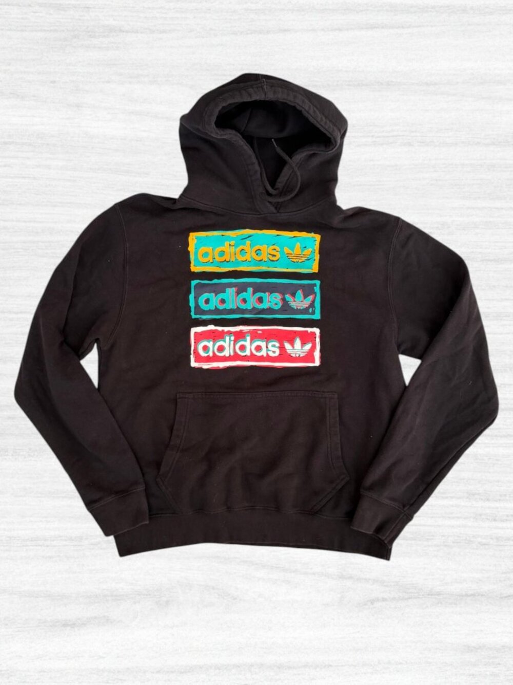 Adidas Originals HT7333 Tri Linear Black Fleece Colorful Hoodie Sweatshirt L